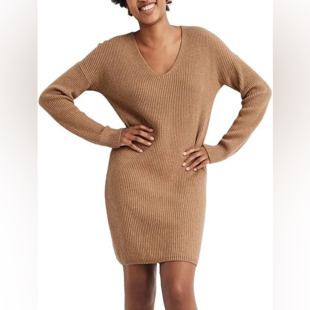 NWT Madewell Wool Blend Sweater Dress Ribbed Knit Long Sleeve Tan Brown Size M